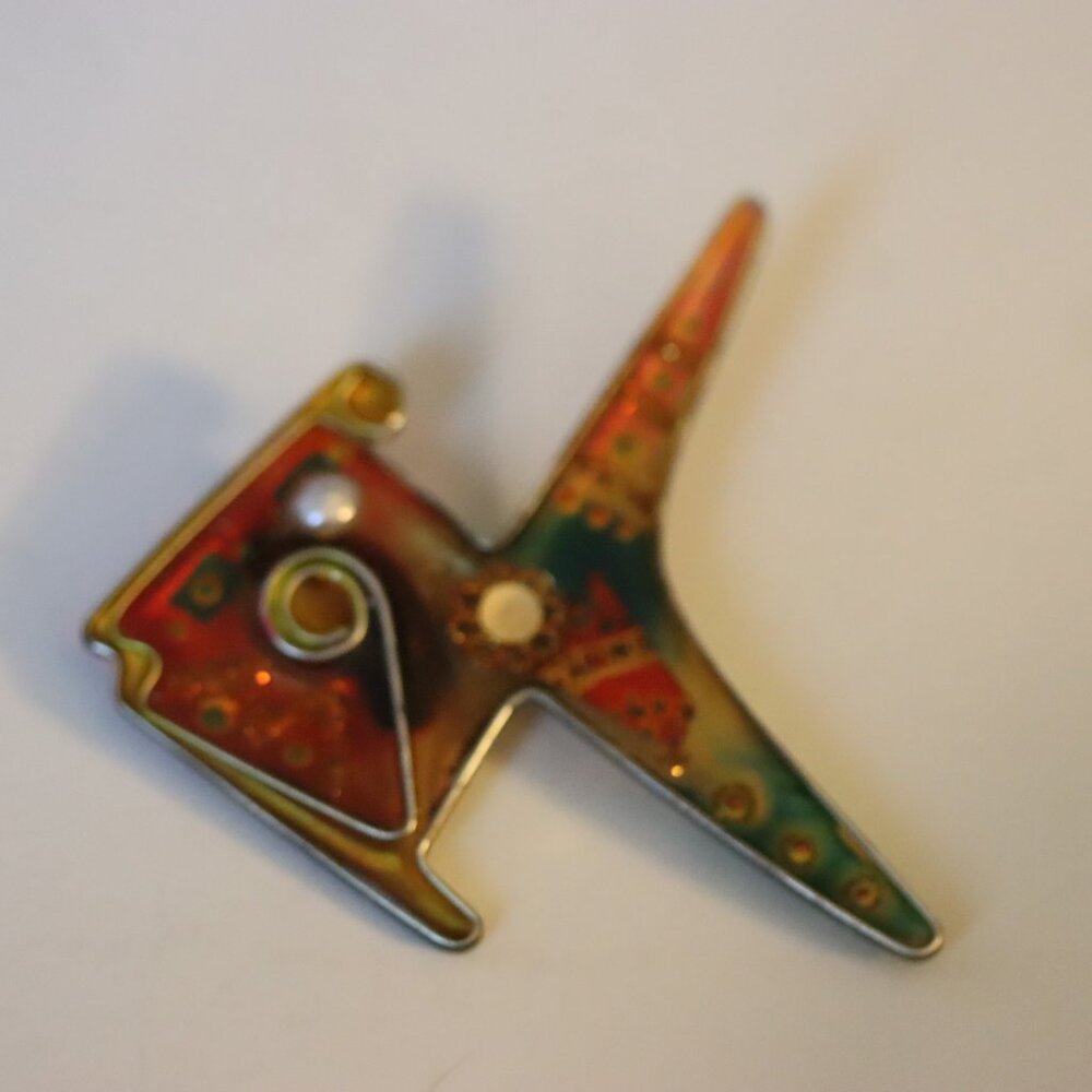 Vintage Abstract Modernist Enamel Fish Brooch Pin Oranges and Blue Colors